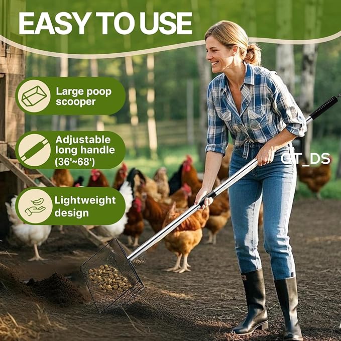 Chicken Poop Scooper with Long Handle- Coop Scoop with 24-68" Adjustable Stainless Handle, 4-in-1 Sifter Shovel for Poultry Waste Cleaning Accessories (Black)-Mewly Pet