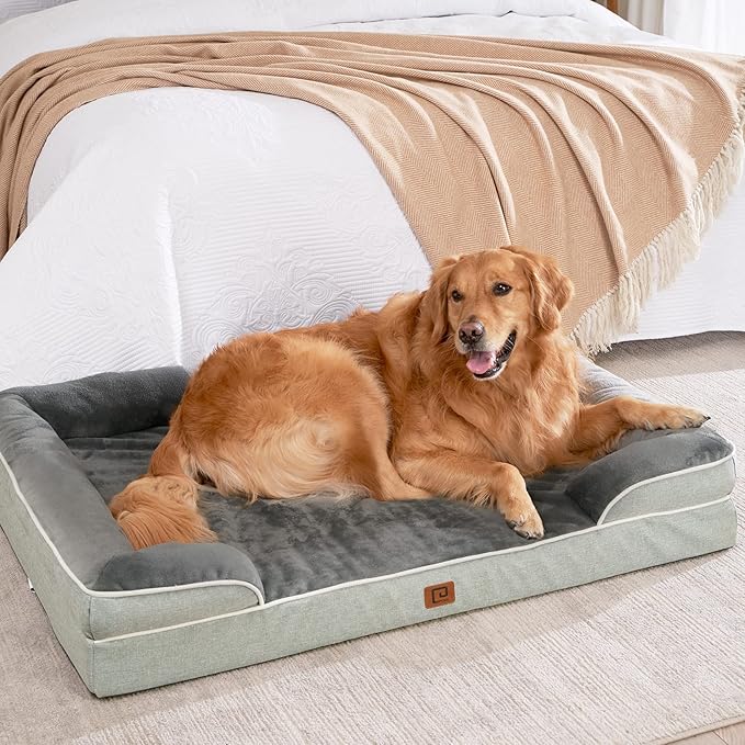 EHEYCIGA Orthopedic Dog Beds for Large Dogs, Waterproof Memory Foam Large Pet Bed with Sides, Non-Slip Bottom and Egg-Crate Foam Dog Couch Bed with Washable Removable Cover, Greyish Green-Mewly Pet