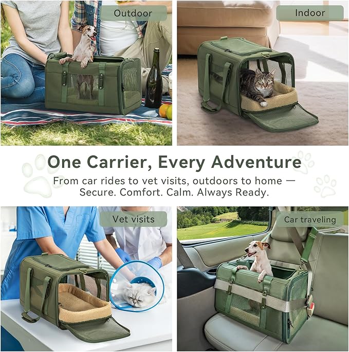 Petsfit 19x12x12 Pet Carrier for Large Cats (up to 20 lbs), Soft-Sided Small Dog Travel Carrier, Upgraded with Patented Buckle and Soft Padding, Ideal for Car Road Trips Green-Mewly Pet