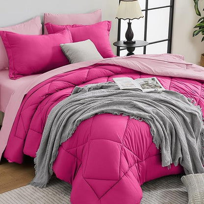 HEVUMYI Hot Pink & Baby Pink King Comforter Set - 7-Piece All Season Bed in a Bag King, Ultra Soft Bedding Set with Comforter, Flat Sheet, Fitted Sheet, Pillowcases, Pillow Shams