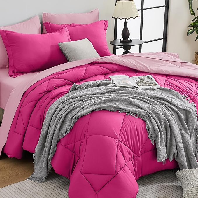 HEVUMYI Hot Pink & Baby Pink Twin-XL Comforter Set - 5-Piece All Season Bed in a Bag Twin-XL, Ultra Soft Bedding Set with Comforter, Flat Sheet, Fitted Sheet, Pillowcases, Pillow Shams