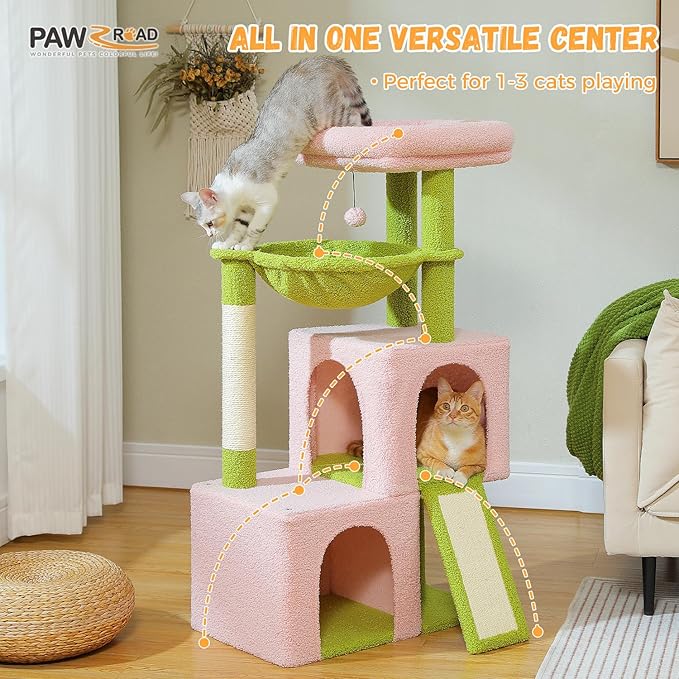 PAWZ Road Large Cat Tree, 41 Inches Multi-Level Cat Tower with 2 Spacious Condos for Large Indoor Cats, Pink Flower Cat House with Comfy Hammock, Padded Perch, Scratching Pad and Replaceable Balls-Mewly Pet
