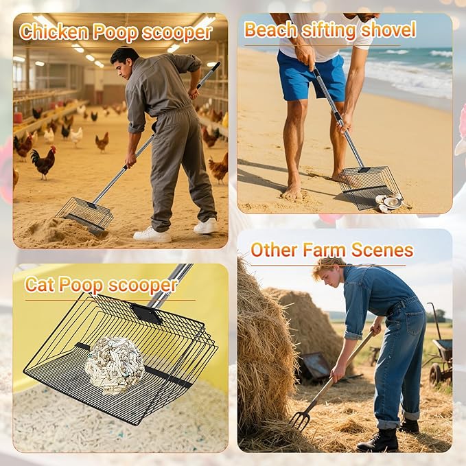 OZRVYNDAREL15 Heavy Duty Chicken Poop Scooper - All Metal Adjustable Handle (39" to 77"), Stainless Steel Sifting Shovel for Coop Cleaning, Small Mesh Design for Fine Waste, Includes Non-Slip Gloves-Mewly Pet