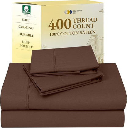 California Design Den Queen Sheet Set - Soft 400 Thread Count Sateen, Natural 100% Cotton Sheets for Queen Size Bed with Deep Pockets, Cooling and Durable Bedding Set - Espresso Chocolate Brown