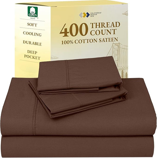 California Design Den Natural 100% Cotton King Size Sheets Set - Soft 400 Thread Count Sateen, Deep Pocket Bed Sheets, Breathable, Cooling and Durable Bedding Set - Espresso Chocolate Brown