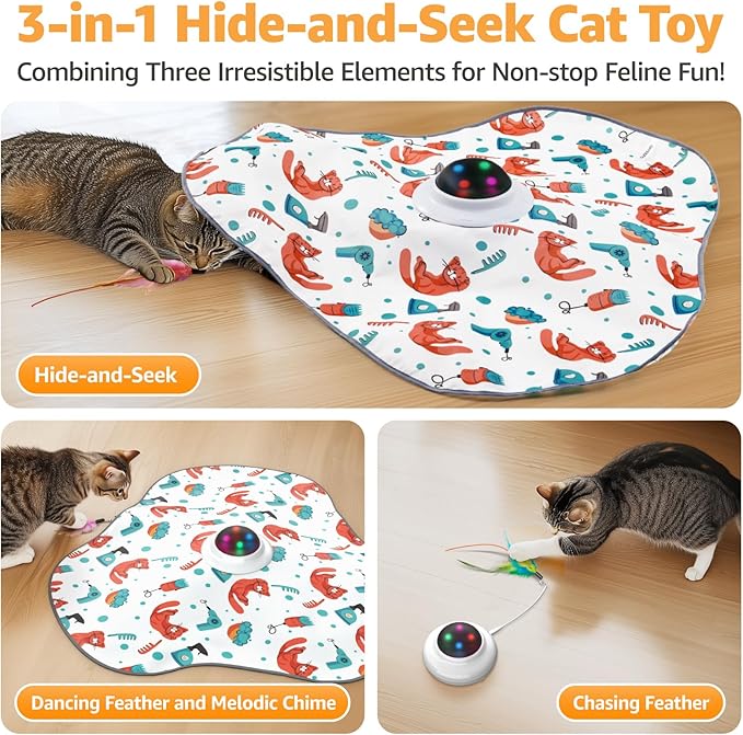Interactive Cat Toys Rechargeable: Moving Concealed Feathers with Chime - Hide and Seek Toys,Touch Cat Kitten Toy Exercise Toys for Indoor Bored Adult Cats,White-Mewly Pet