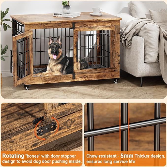 Lulive Dog Crate Furniture, Dog Kennel Indoor Double Doors Wooden Dog Cage, 38'' Heavy Duty Dog Crate with Cushion & Wheels, Decorative End Table Pet House Chew-Resistant for Large/Medium, Brown-Mewly Pet