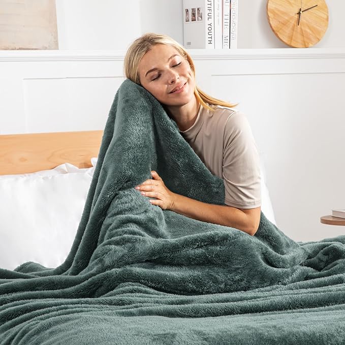 Exclusivo Mezcla Plush Fuzzy Fleece Bed Blanket Twin Size, Super Soft, Fluffy and Warm Blankets, Suitable for All Seasons (Celadon, 90x66 Inches)
