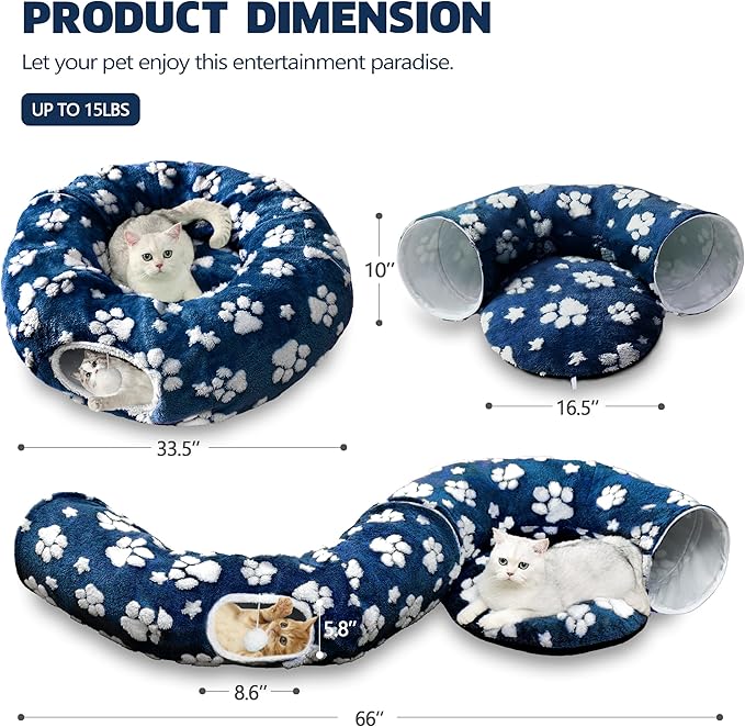 Cat Tunnel for Indoor Cats, Cute Peekaboo Cat Cave with Dangling Balls, Pet Donut Tunnel Bed with Circle Mat for Puppy Kitten Rabbit, Blue Paw-Mewly Pet