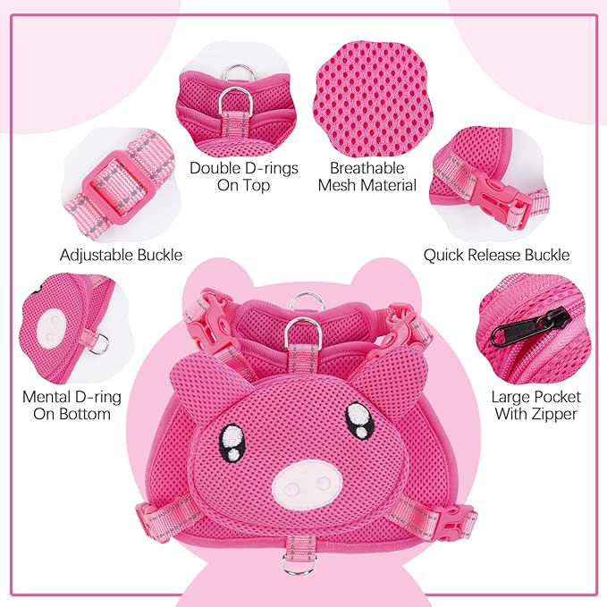 IDOMIK Dog Backpack Harness, No-Pull Dog Backpack with D-Ring for Small Medium Dogs, Cute Self Carrier Backpack for Dogs to Wear, Adjustable Dog Harness Backpack for Traveling Camping Hiking,Pig,S-Mewly Pet