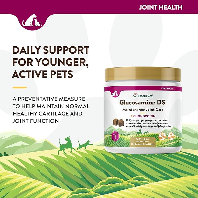 NaturVet Glucosamine DS Level 1 Maintenance, Joint Care Support Supplement for Dogs and Cats, Soft Chews, Made in The USA-Mewly Pet