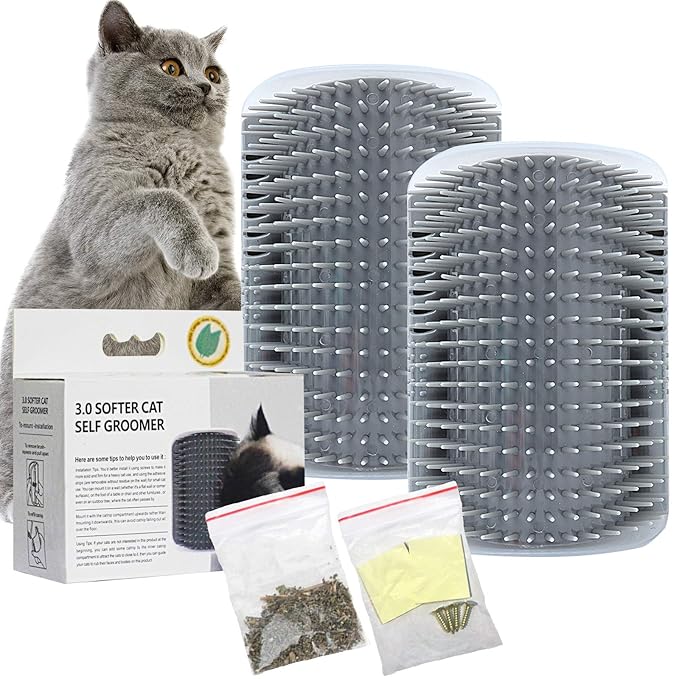 2 PACK Cat Self Grooming Corner Scratcher with Catnip, Massage Comb Brush for Long & Short Fur-Mewly Pet