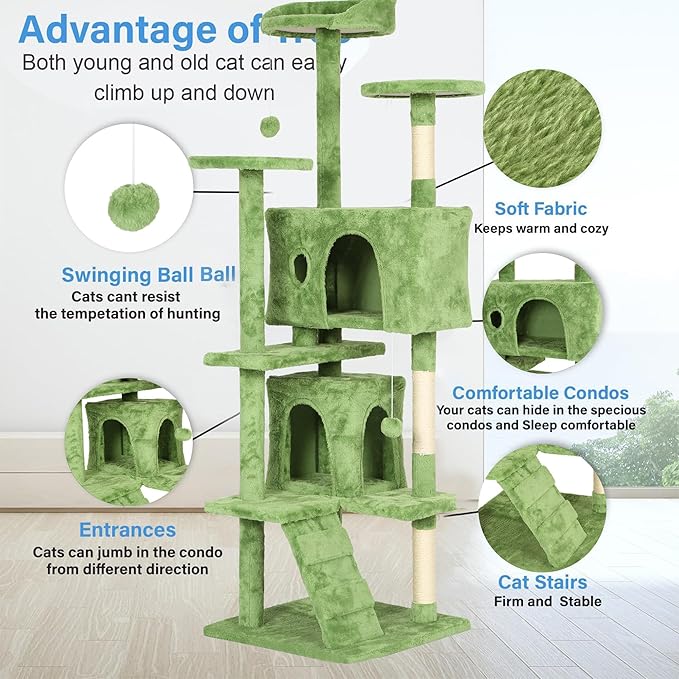 FDW Cat Tree 70in Cat Tower Multi-Level Durable Cat Scratching Post & Cozy Fun Cat Jumping Platform Space Saving Cat Condo Pet Play House for Indoor Cats,Green-Mewly Pet