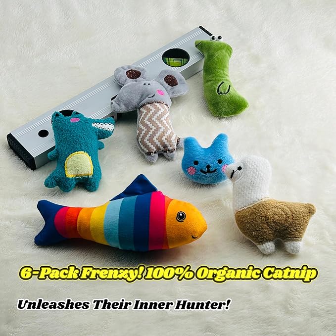 Catnip Toys for Indoor Cats - 6 Pack Organic Plush Kicker Toys, Bite-Resistant Cute Funny Toys for Play & Enrichment from Kittens to Senior Cats-Mewly Pet