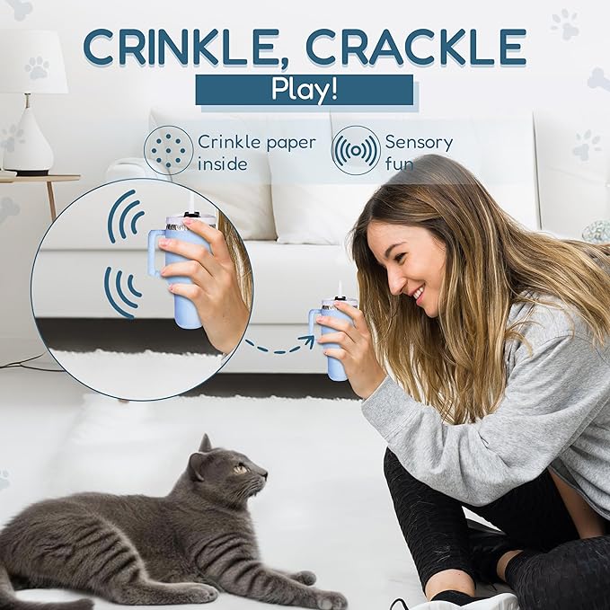 Kitty Cup Tumbler Cat Toy – Funny Cat Birthday Gifts with Catnip & Crinkle Paper, Cute Girl Kitten Toys (Chambray Blue)-Mewly Pet