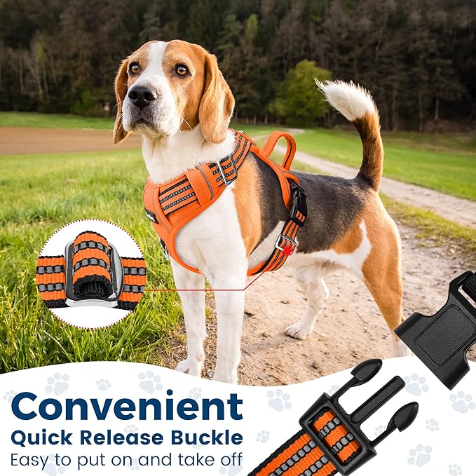 Funfox Dog Harness No Pull, Adjustable Pet Vest Harness, Super Soft Material with Vertical Handle Easy Control, Reflective Night Walking, 2 Leash Clips for Large Dogs, Orange, L-Mewly Pet