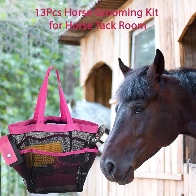 Horse Grooming Kit 13 Piece, Horse Brushes for Grooming Supplies with Tote Bag, Horses Tack Brush Set for Effective Grooming and Cleaning, Gift for Horse Riders Beginners (Pink)-Mewly Pet