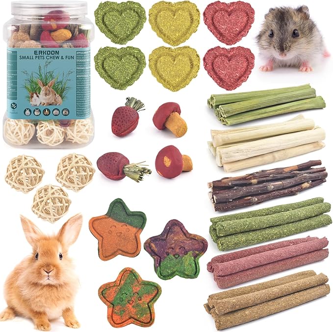 ERKOON 53 Bunny Chew Toys for Rabbits Teeth, Natural Rabbit Toys Apple Wood Sticks, Carrot, Timothy Grass for Small Pets, Hamster, Chinchilla, Guinea Pig Dental Care and Treat Teething(53)-Mewly Pet
