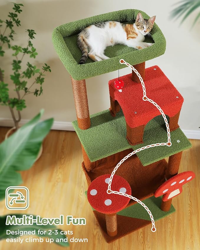 Mushroom Cat Tree Tower with Removable Scratcher, Large Hammock, Condo, Perch, 3 Sisal Posts – Multi-Level Cat Tree for Indoor Cats, Cute Cat Tower for Small Space Homes-Mewly Pet