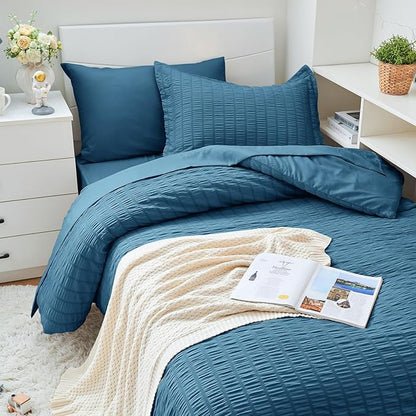 HYMOKEGE Teal Twin XL Comforter Set Seersucker 5 Pieces, All Season Luxury Bed in a Bag for Bedroom, Bedding Set with Comforter, Sheets, Pillowcase & Sham