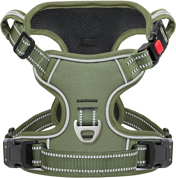 Timos Dog Harness Large Sized, No Pull Pet Harness with Neck Lockable Snap,No Choke Front Clip Dog Reflective Vest,Adjustable Metal Rings 3 Buckles,Easy Control Handle for Large Dogs Green L-Mewly Pet