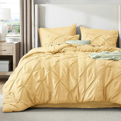 Bedsure California King Comforter Set Yellow - Bed in a Bag Cal King Bedding Set 7 Pieces, GentleSoft™ Pintuck Bed Set Gift for Family, Pinch Pleat Yellow Comforter with Sheets, Pillowcases & Shams