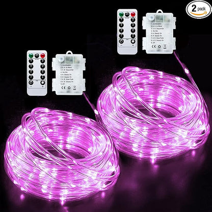 JMEXSUSS 2 Pack Pink Battery Operated Lights Outdoor Waterproof, Each 33ft 100 LED Rope Lights Battery Powered String Lights, 8 Modes Pink Fairy Lights for Valentines Party Garden Decoration