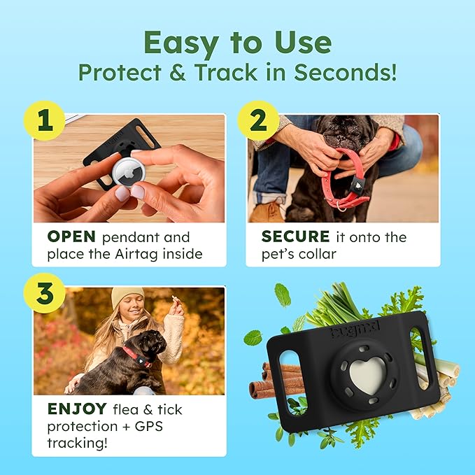 BugMD Paw Guardian Flea & Tick Pendant (2-Pack) with AirTag Holder – Plant-Based Flea & Tick Prevention for Dogs – Pet Collar Tag & GPS Tracker Holder for Dogs – Black-Mewly Pet