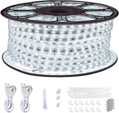 SURNIE 150ft LED Rope Lights Outdoor Waterproof: 110V Daylight White Dimmable Flat Strip Light 6500K Cuttable Connectable for Stairs Deck Backyards Commercial Indoor Outdoor Lighting, Not Tube Rope