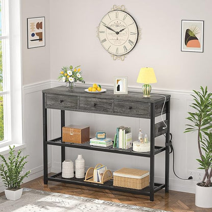 Ecoprsio 47'' Entryway Table with Outlets and USB Ports, Console Table with 3 Drawers, Sofa Table Narrow Long with Storage Shelves for Living Room, Couch, Hallway, Foyer, Kitchen Counter, Grey
