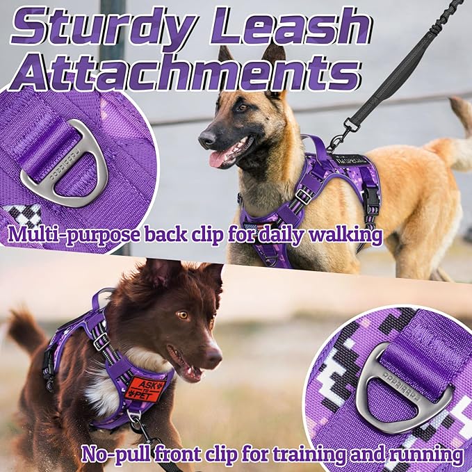 rabbitgoo Tactical Dog Harness for Large Dogs, No Pull Military Service Vest with Handle & Molle, Easy Control for Training Walking, Adjustable Reflective Straps, Purple Camo, XL-Mewly Pet
