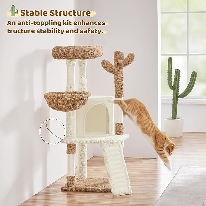 Yaheetech Cactus Cat Tree, 42in Cat Tower for Indoor Cats, Multi Level Kitten Condo Scratching Post, Pet Activity Center Furniture w/Ball, Plush Perch, Platform, Basket, Beige/Brown-Mewly Pet