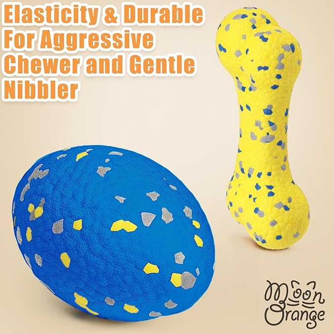 2Pcs Upgrade Bone Dog Balls+Rugby Dogs Toys for Aggressive Chewers, Indestructible Tennis Balls for Dogs (Blue+Yellow)-Mewly Pet