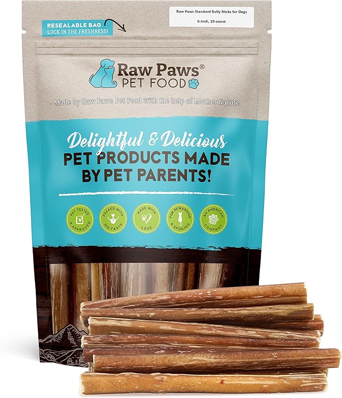 Raw Paws Standard Bully Sticks for Small Dogs, 6-Inch (10 Count) - Low Odor Junior Bully Chews - Free-Range Pizzle Sticks for Dogs - Single Ingredient Dog Chews - Rawhide Alternative - Long Lasting-Mewly Pet