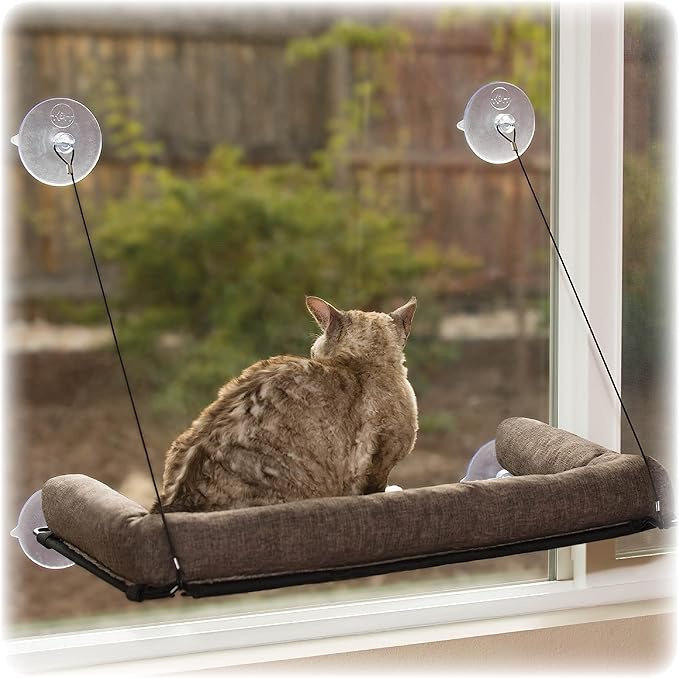 K&H Pet Products EZ Mount Bolster Cat Window Perch for Large Cats, Sturdy Kitty Window Hammock Bed, Steel Frame, Sturdy Suction Cups, Washable Shelf Covers, Foldable - Fits 27"W X 23"H Glass Spaces-Mewly Pet