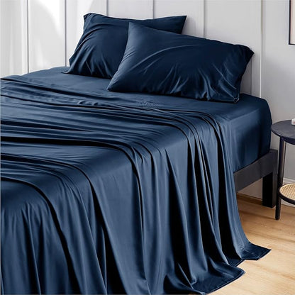Bedsure King Size Sheets Set, Cooling Sheets for Hot Sleepers, Rayon Derived from Bamboo, Breathable & Soft, Deep Pocket Up to 16 Inches, Hotel Luxury Silky Bedding, Navy
