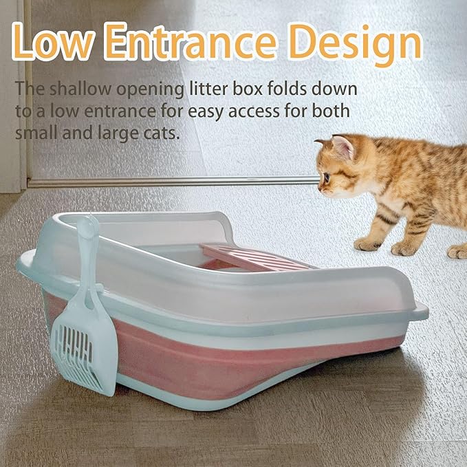 Low Entry Kitten Litter Box,Collapsible Cat Litter Box, Open Small Cat LitterBox with High Side Shallow Kitten Litter Pan Anti-Splashing Waterproof with Falling Sand Pedal-Mewly Pet