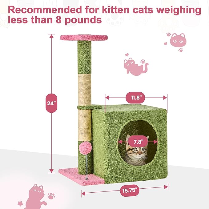 24 Inch Cat Tree Condo for Indoor Cats with Floral Sisal Scratching Post, Plush Hang Ball Play Furniture for Kittens Cats, Pink-Mewly Pet