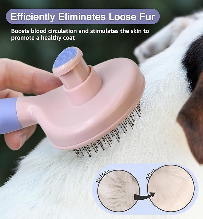 Pet Self-Cleaning Slicker Brush for Dogs & Cats, Deshedding Grooming Comb, Removes Loose Undercoat Hair & Mats, Skin-Friendly Massaging Tool for Long/Short Fur, Large & Small Breeds (Purple)-Mewly Pet