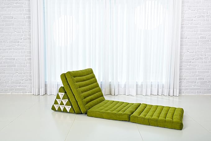 Leewadee Comfortable Japanese Floor Mattress - Thai Floor Bed with Triangle Cushion - Futon Mattress - XL Extra Long Thai Massage Mat, 89 x 20 inches, Green, Kapok Filling