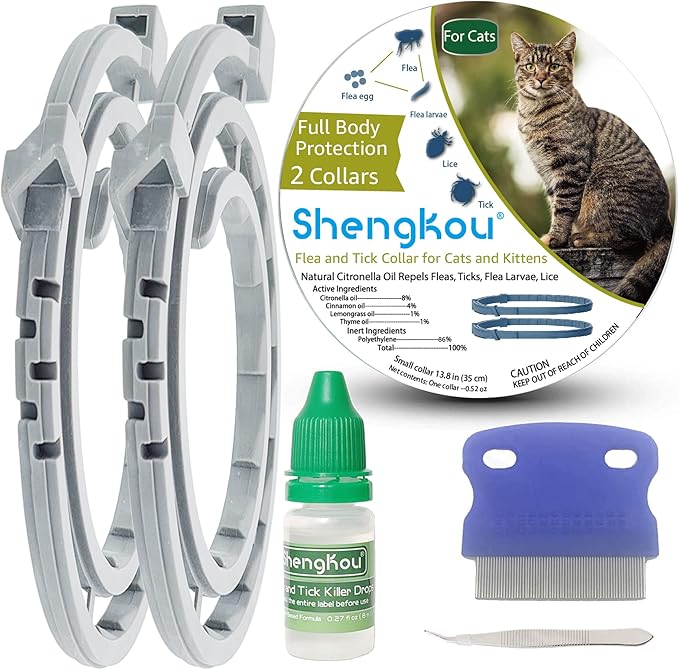 Flea and Tick Collar for Cats, Natural Plant-Based Ingredients for Treatment and Prevention, Safe and Waterproof, with Free Flea Comb, Tick Tweezer, and Treatment Prevention Drops, 13.8 in (2 Packs)-Mewly Pet
