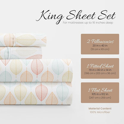 Linen Market 4 Piece King Sheet Set - Breathable, Double-Brushed Patterned Cooling Sheets – Oeko-TEX Certified Ultra Soft & Wrinkle-Free 16" Deep-Pocket King Sheets - Easy Care Fall Foliage Yellow