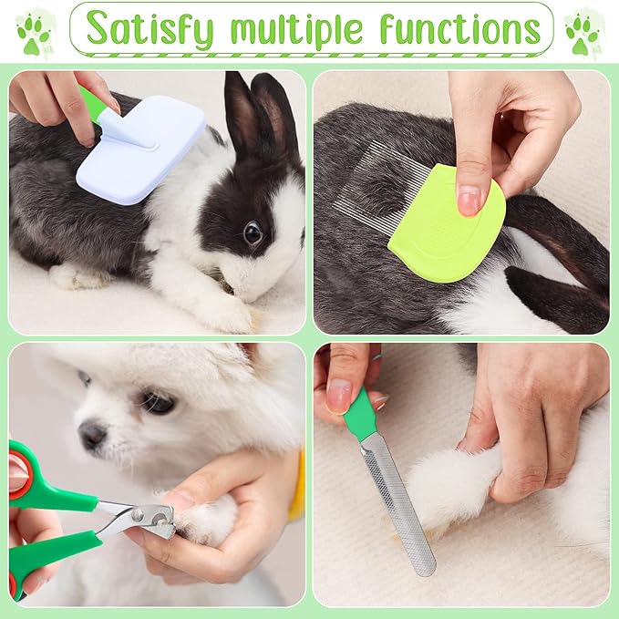 VCZONE 8 Pcs Small Animal Grooming Kit, Pink with Pet Nail Clipper and File, Flea Comb, Pet Shampoo Bath Brush, Pet Shedding Slicker Brush, Bath Massage Glove, Cleaning Comb (Green)-Mewly Pet
