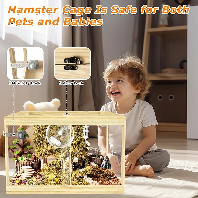 24" Hamster Cage, Lockable Sliding Door Gerbil Cage, Dwarf Hamster Cage with Metal Mesh Roof, Mice and Small Animal Habitat, Chewproof Syrian Hamster Enclosure, (Wooden, 24" L x 16" W x 16" H)-Mewly Pet