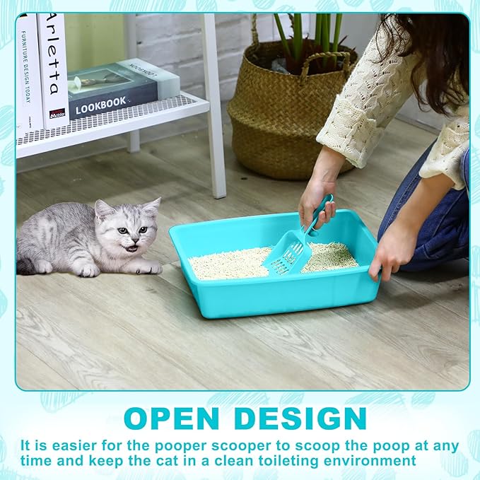 Amyhill 5 Pcs Open Cat Litter Box Kitten Litter Pan with 5 Scooper Medium Plastic Pet Tray Durable Nonstick Kitten Box for Indoor Pets Cats Rabbit Supply Easy to Clean, 14.6x10.6x3.4 Inch (Blue)-Mewly Pet