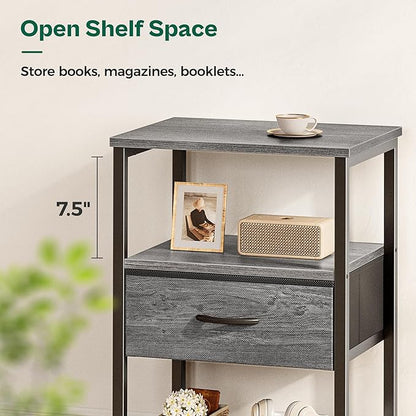 Huuger Nightstand Set of 2, Night Stand with Fabric Drawer, Mesh Shelf, Side Table with Storage, Fabric Drawer Dresser, Open Shelf, Metal Frame, Bedroom, Grey