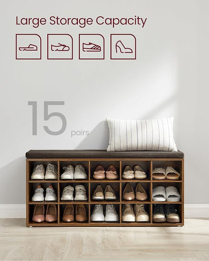 VASAGLE CUSTOS Collection - Shoe Bench, Storage Bench with Padded Seat, Entryway Bench with 15 Compartments, for Bedroom, 11.8 x 41.3 x 18.9 Inches, Rustic Brown and Chestnut Brown ULHS15BX