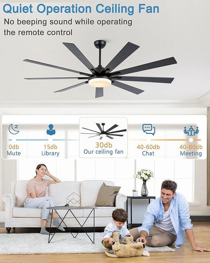 72 Inch Ceiling Fans with Lights,Large Modern Ceiling fan with Remote and 9 Wooden Blades,Dimmable,6 Speeds,Noiseless Reversible Indoor&Outdoor Fan for Bedroom,Patio,Living Room