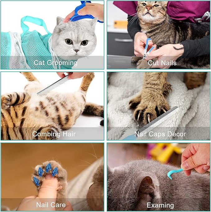 JULMELON Cat Washing Bag 10 PCS Set, Adjustable Cat Shower Net Bag and Pet Grooming Brush with Nail Clipper Nail File Hair Combs Tick Tool Nail Caps for Bathing Nail Trimming Examination（Grey+Green）-Mewly Pet