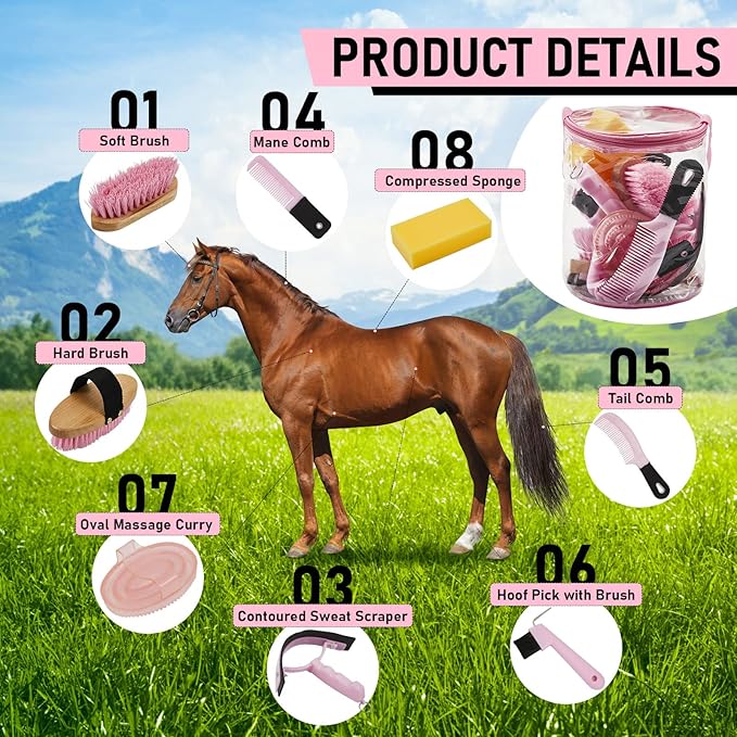 9 Pieces Horse Grooming Kit Tack Room Supplies Set with Organizer Tote Bag, Oval Massage Curry, Hard and Soft Brush, Hoof Pick, Sweat Scraper, Bathing Sponge, Combs for Horse Riders Beginners (Pink)-Mewly Pet